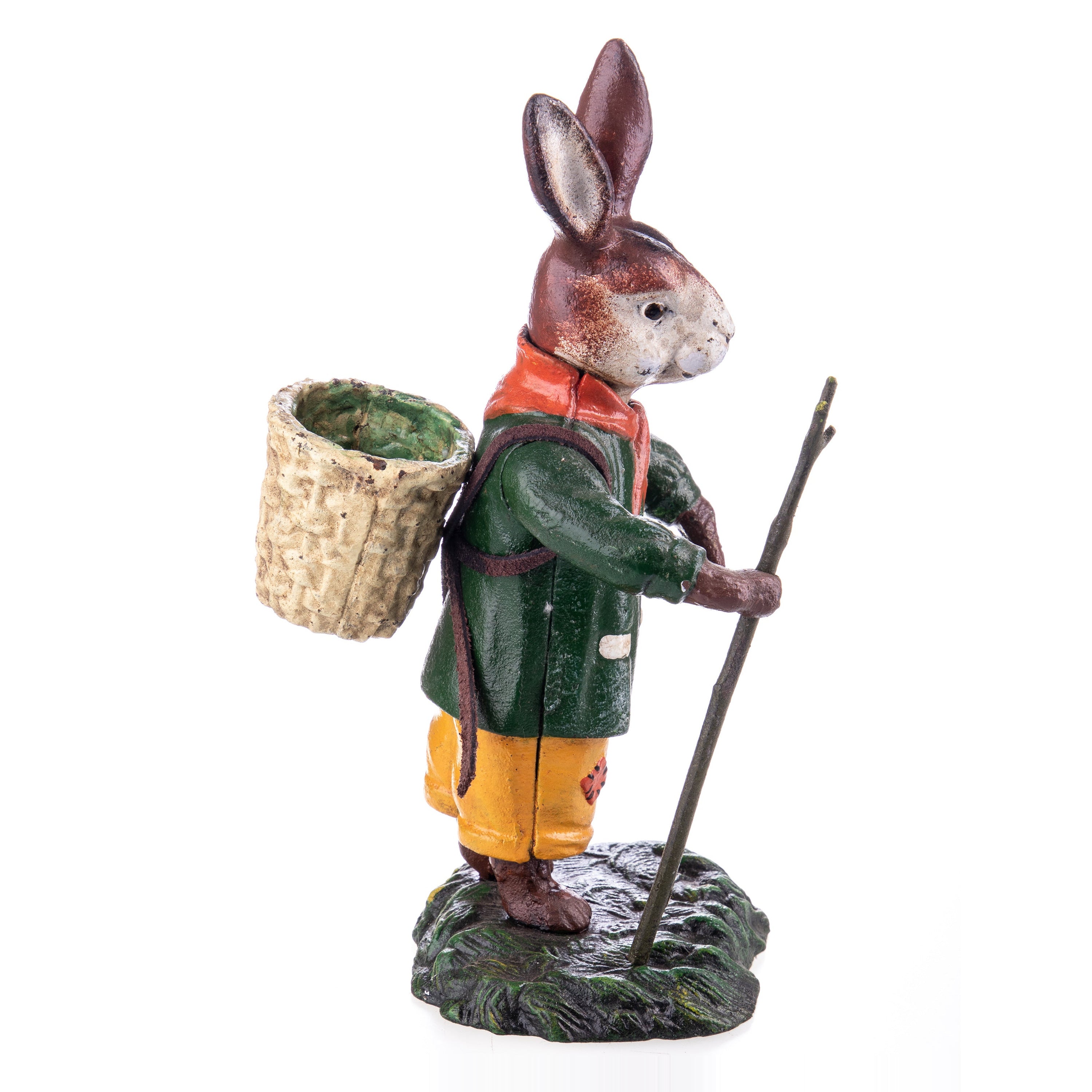 Cast iron rabbit with walking stick and basket | Handcrafted Cast Iron