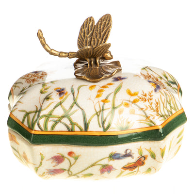 Porcelain Trinket Box with Bronze Dragonfly
