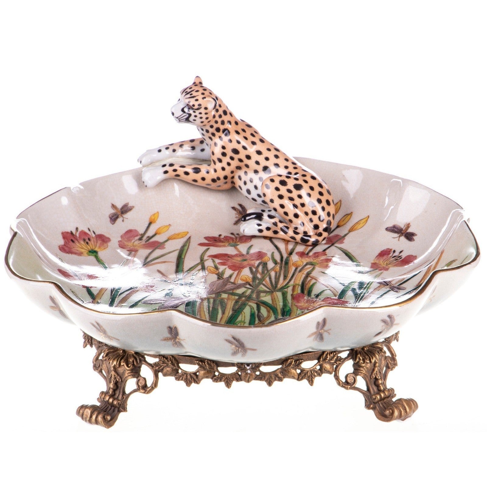 Hand Painted Porcelain Bowl with Leopard Figure on Bronze Base