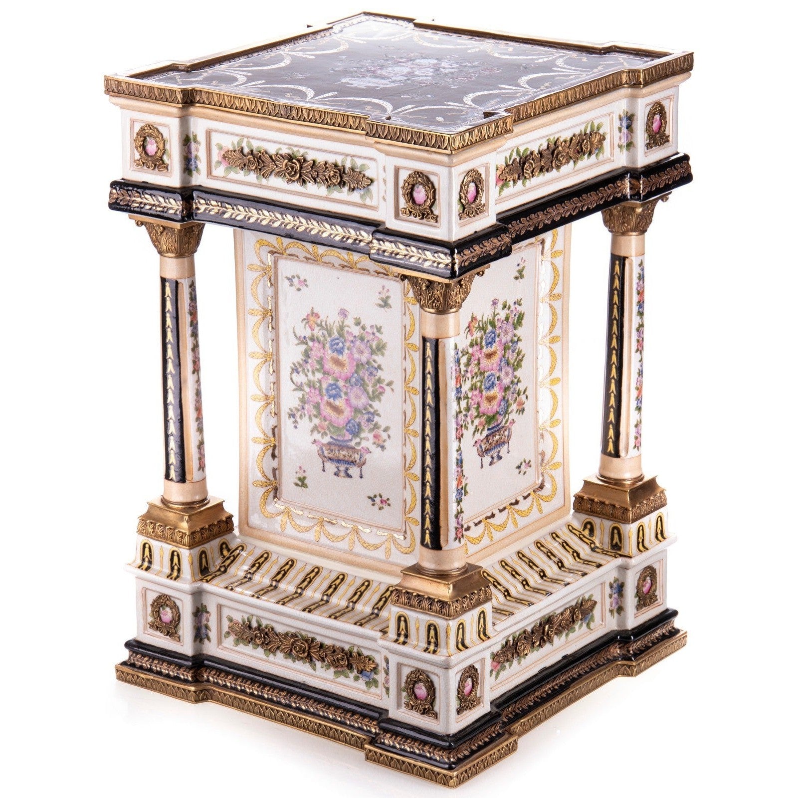 Hand-Painted Porcelain Pedestal with Floral Motifs and Gilded Accents