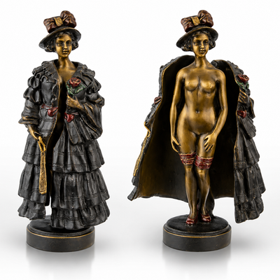 Erotic Bronze Sculpture of a Female with Fur Coat | Handcrafted Bronze