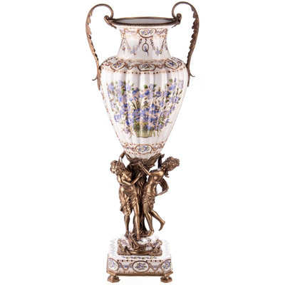 Large Porcelain Vase with Blue Floral Design and Bronze Figural Base