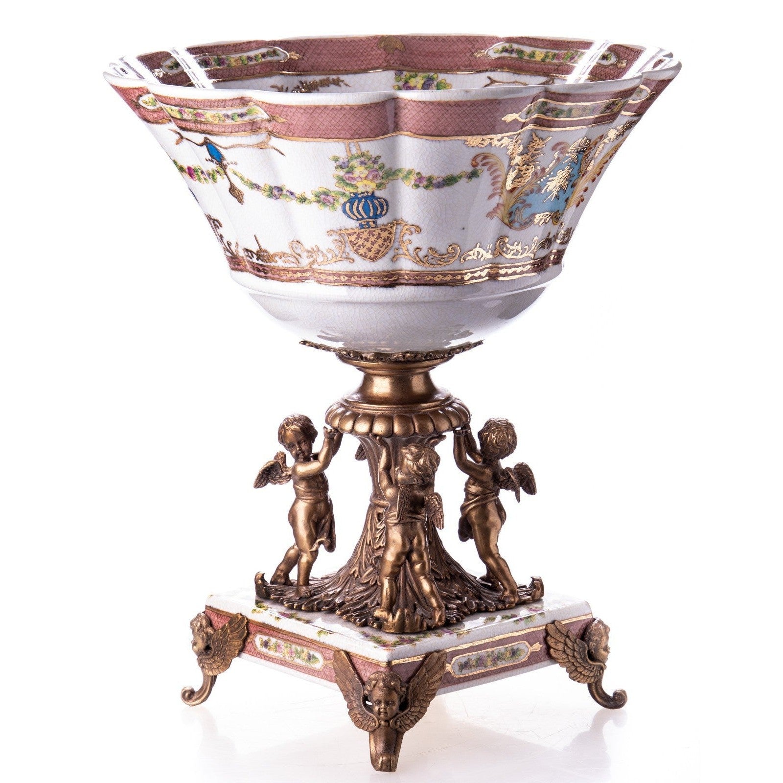 Large Porcelain and Bronze Centerpiece Bowl with Cherub Base