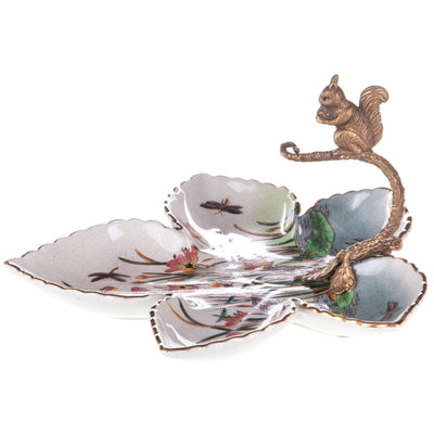 Leaf-Shaped Porcelain Dish with Bronze Squirrel Figure, Animal Sculptu
