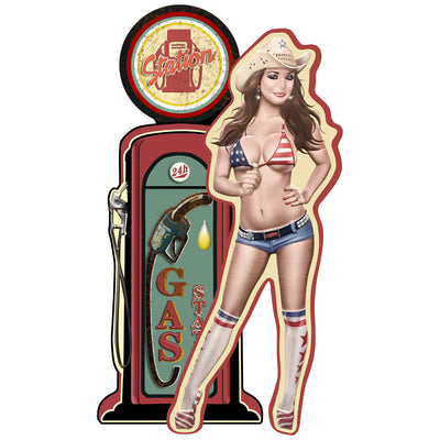 Embossed Tin Sign Pin Up "Gas Station" | Handcrafted Home Decor
