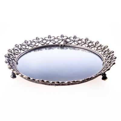 Round tray made of enamelled pewter and gemstones with a mirror base