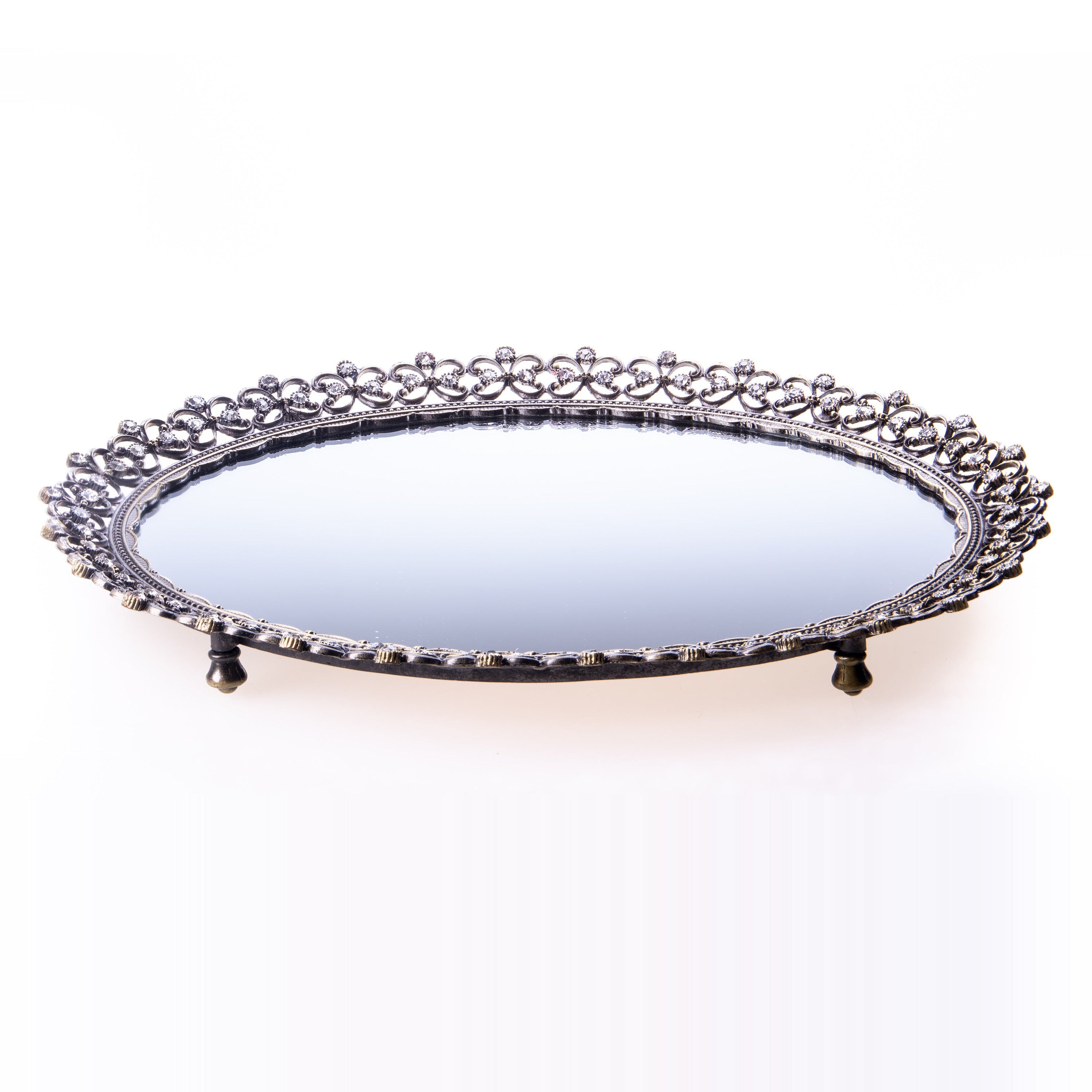 Oval tray made of enamelled pewter and gemstones with a mirror base