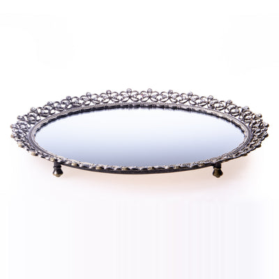 Oval tray made of enamelled pewter and gemstones with a mirror base – 3 cm