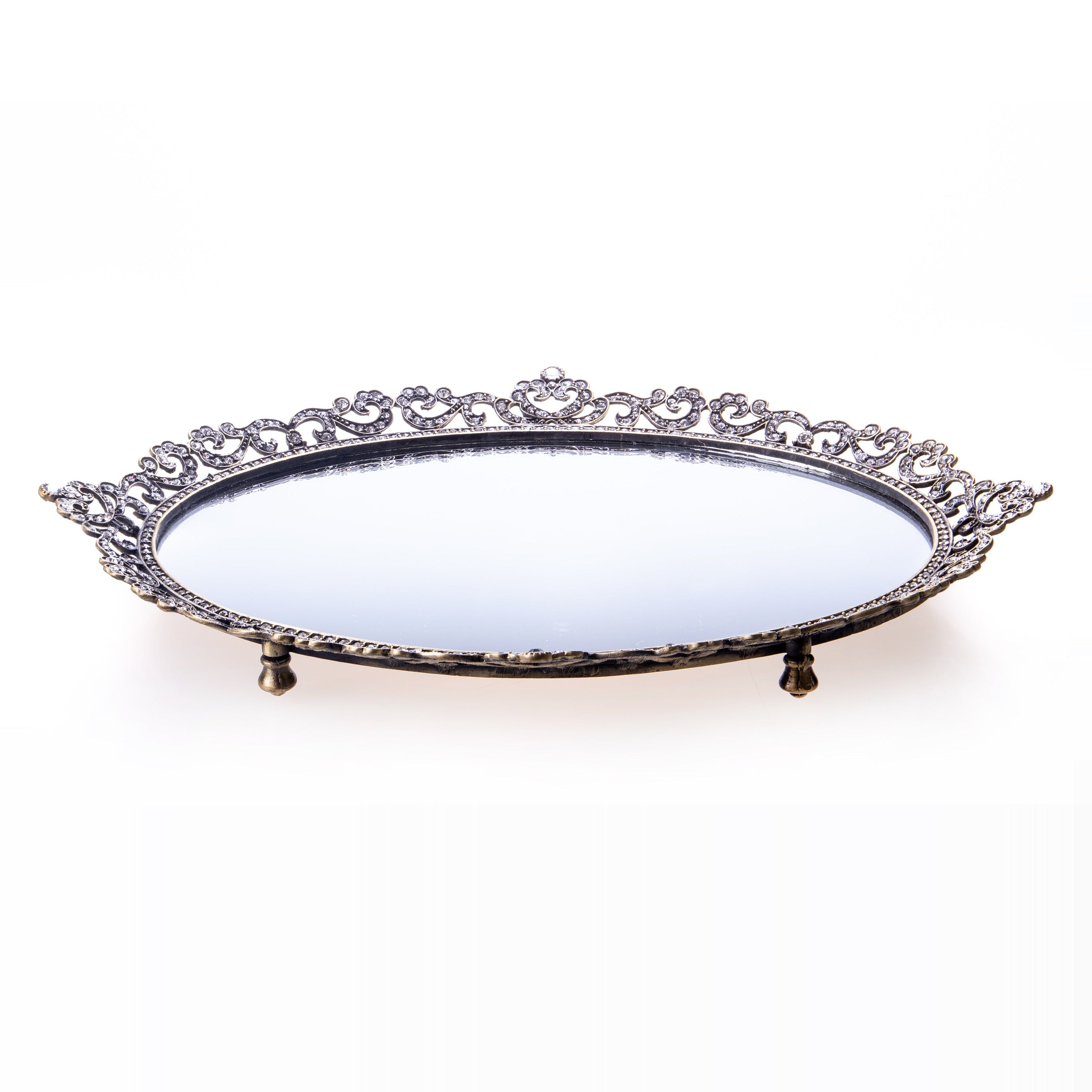 Oval tray made of enamelled pewter and gemstones with a mirror base