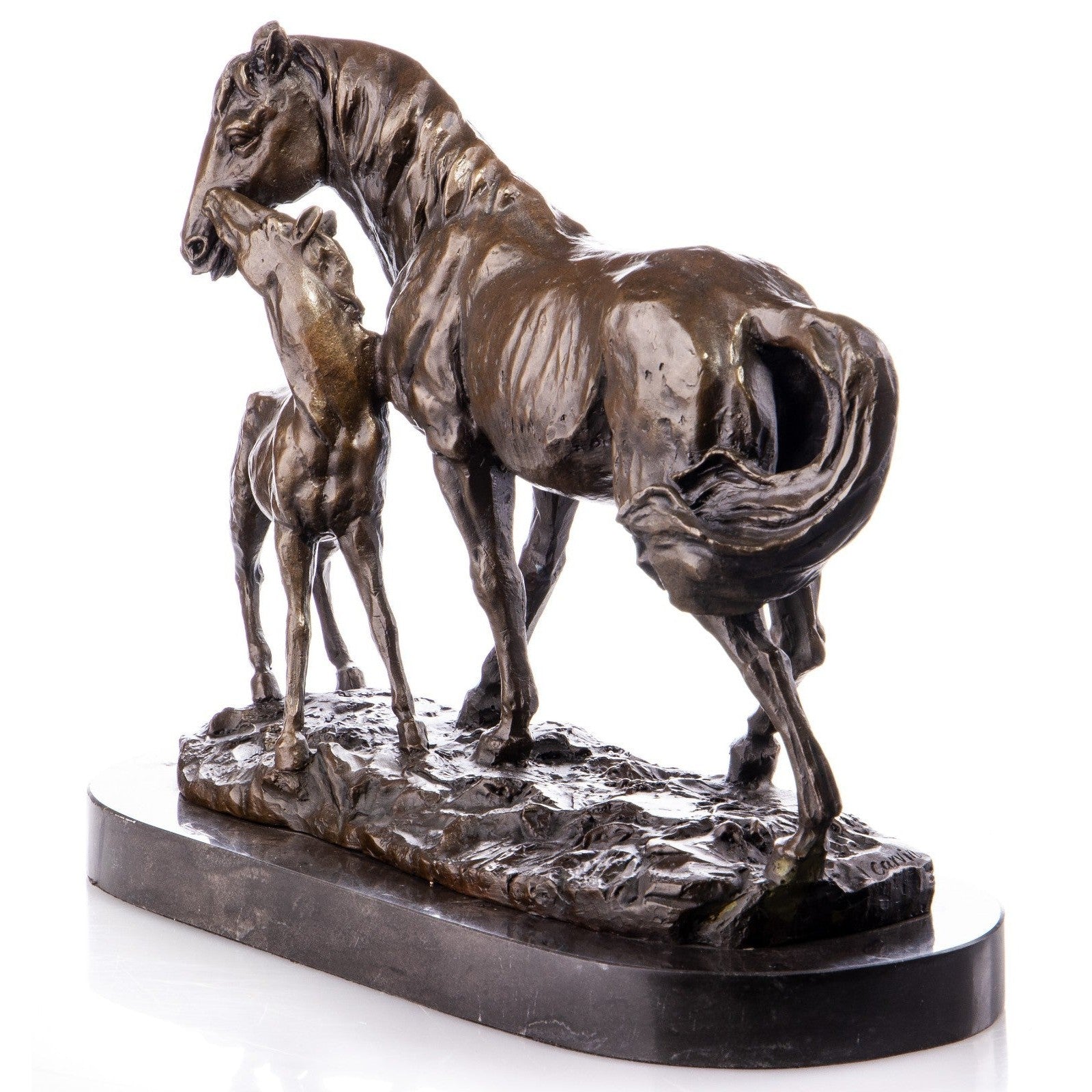 Mare and Foal Bronze Horse Sculpture on Marble Base, Animal Sculptures