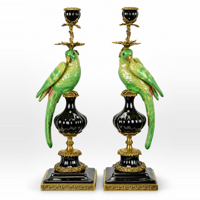 Pair of Bronze Mounted Porcelain Parrot Candle Holders | Handcrafted