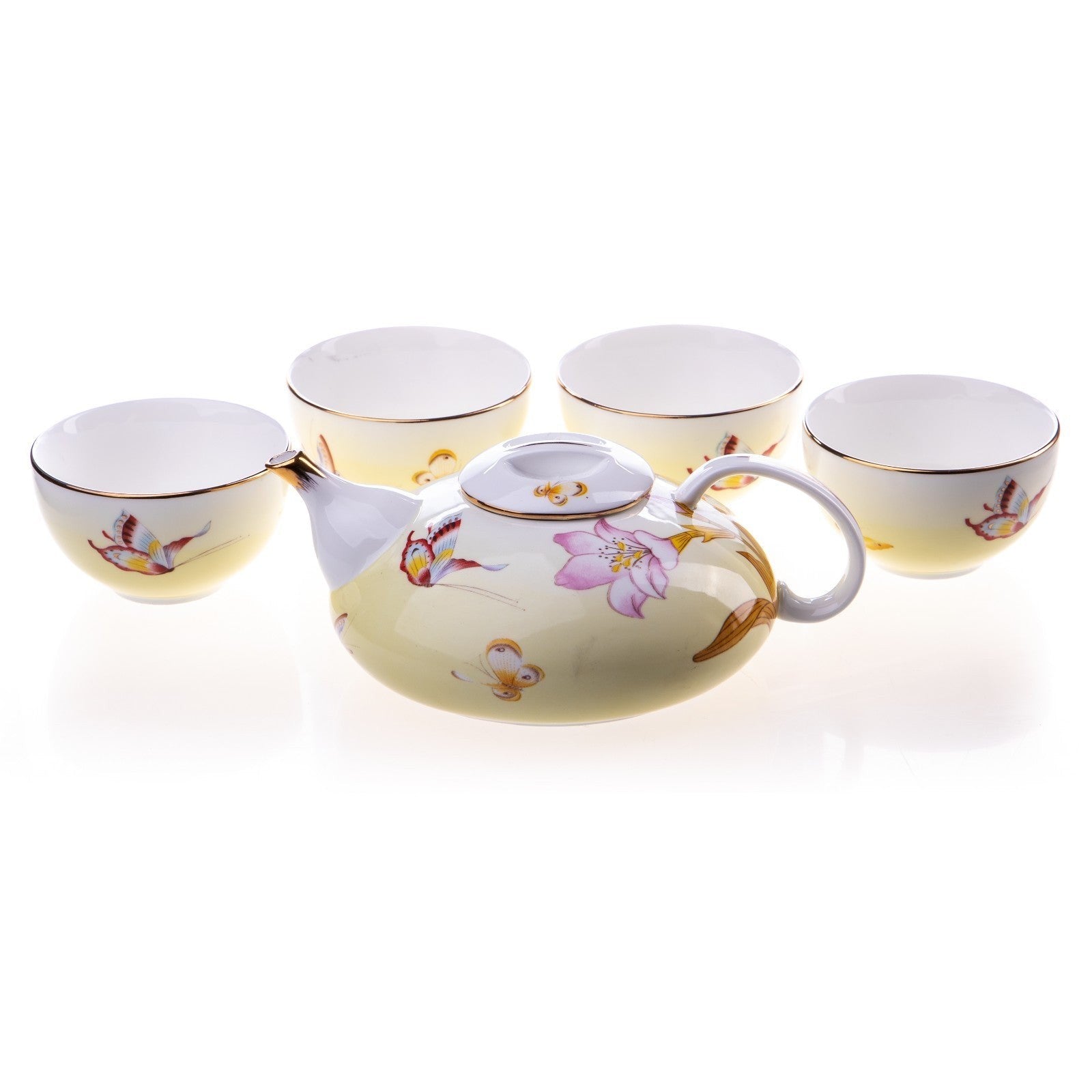 Oriental Porcelain Tea Set with Floral and Butterfly Motif – 5 Pieces