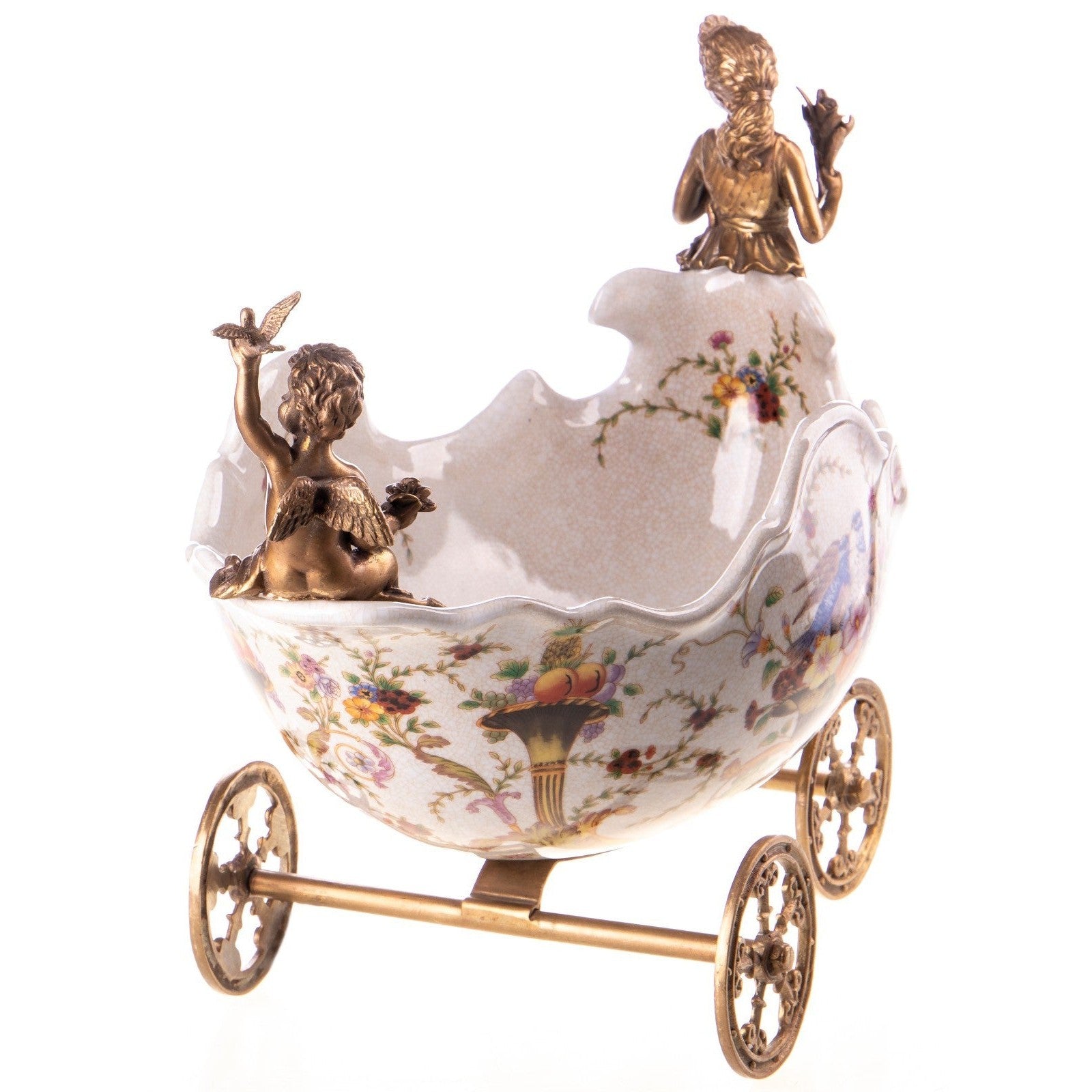 Ornamental Porcelain Bowl on Wheels with Cherub and Floral Motifs