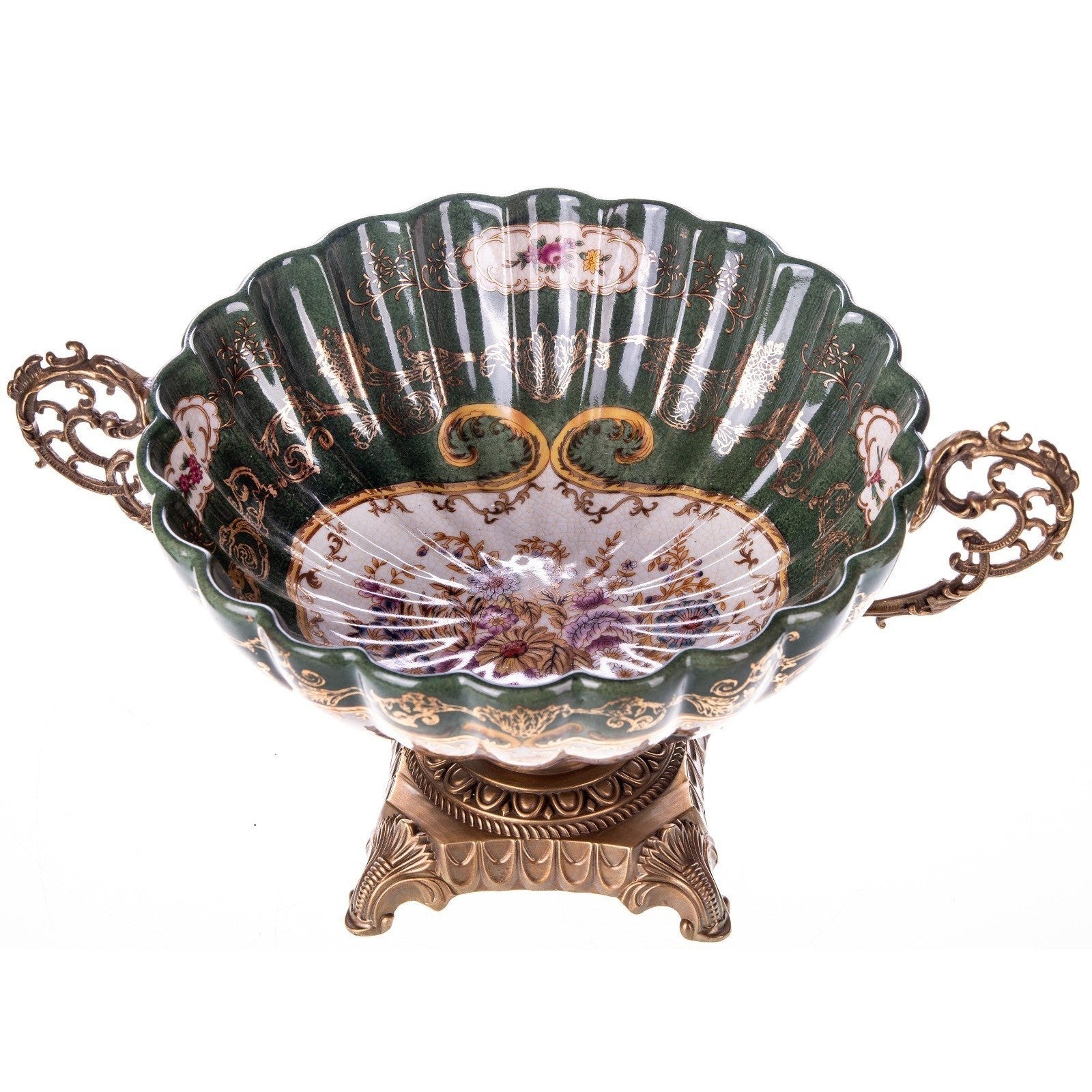 Ornate Green Decorative Bowl with Classical Scene and Bronze