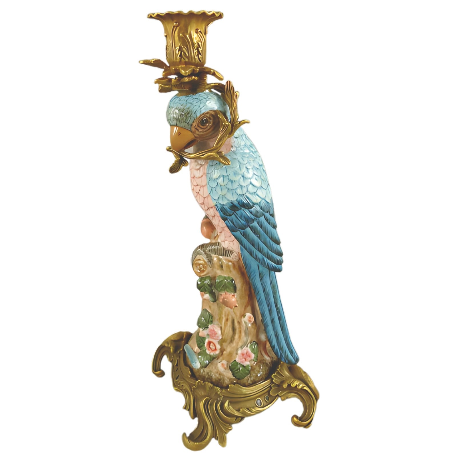 Pair of Brass Mounted Porcelain Parrot Candle Holders | Lighting