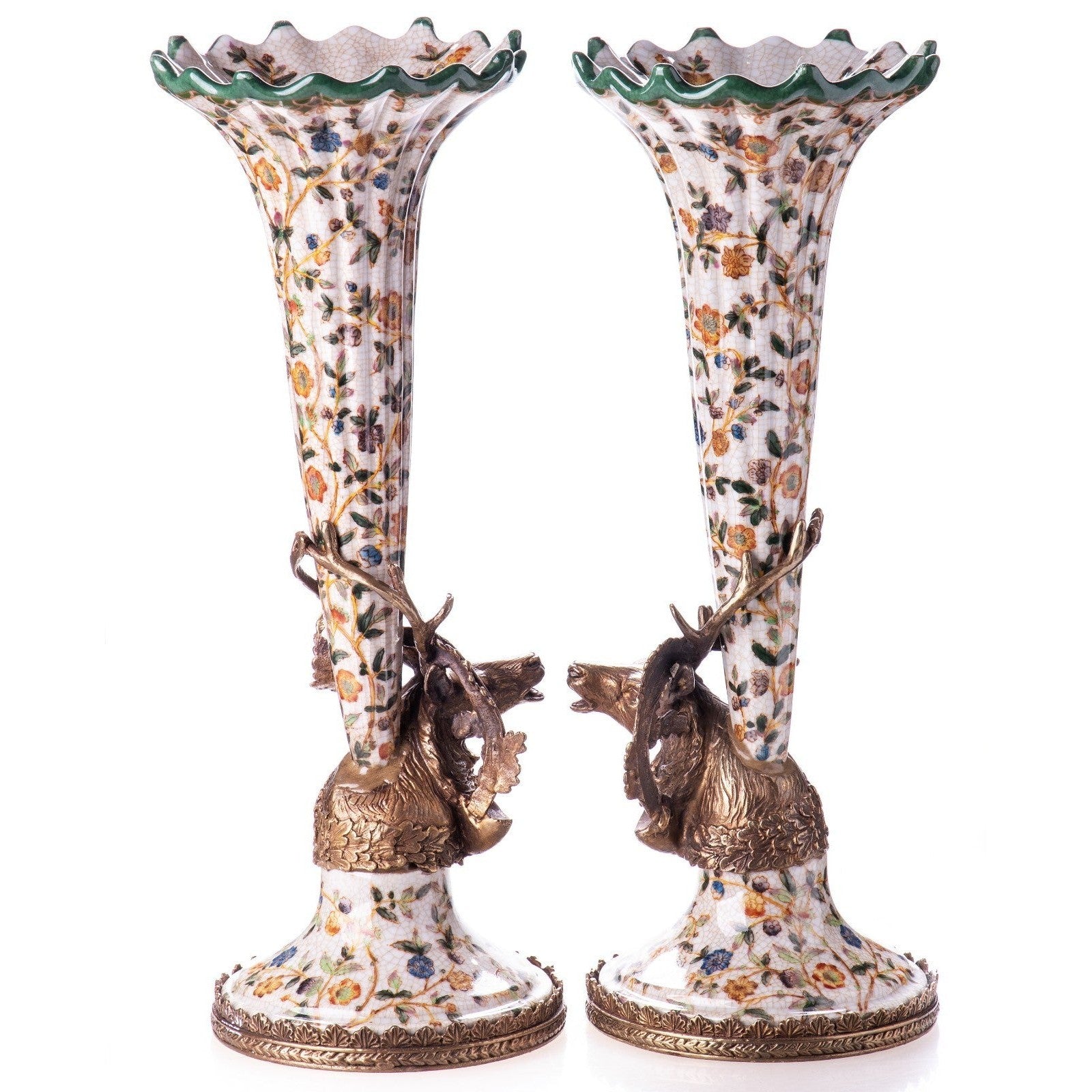 Pair of Floral Porcelain Vases with Bronze Deer Head Accents