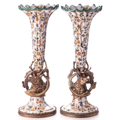 Pair of Floral Porcelain Vases with Bronze Deer Head Accents
