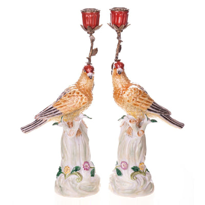 Pair of Hand-Painted Porcelain Bird Candlesticks | Lighting