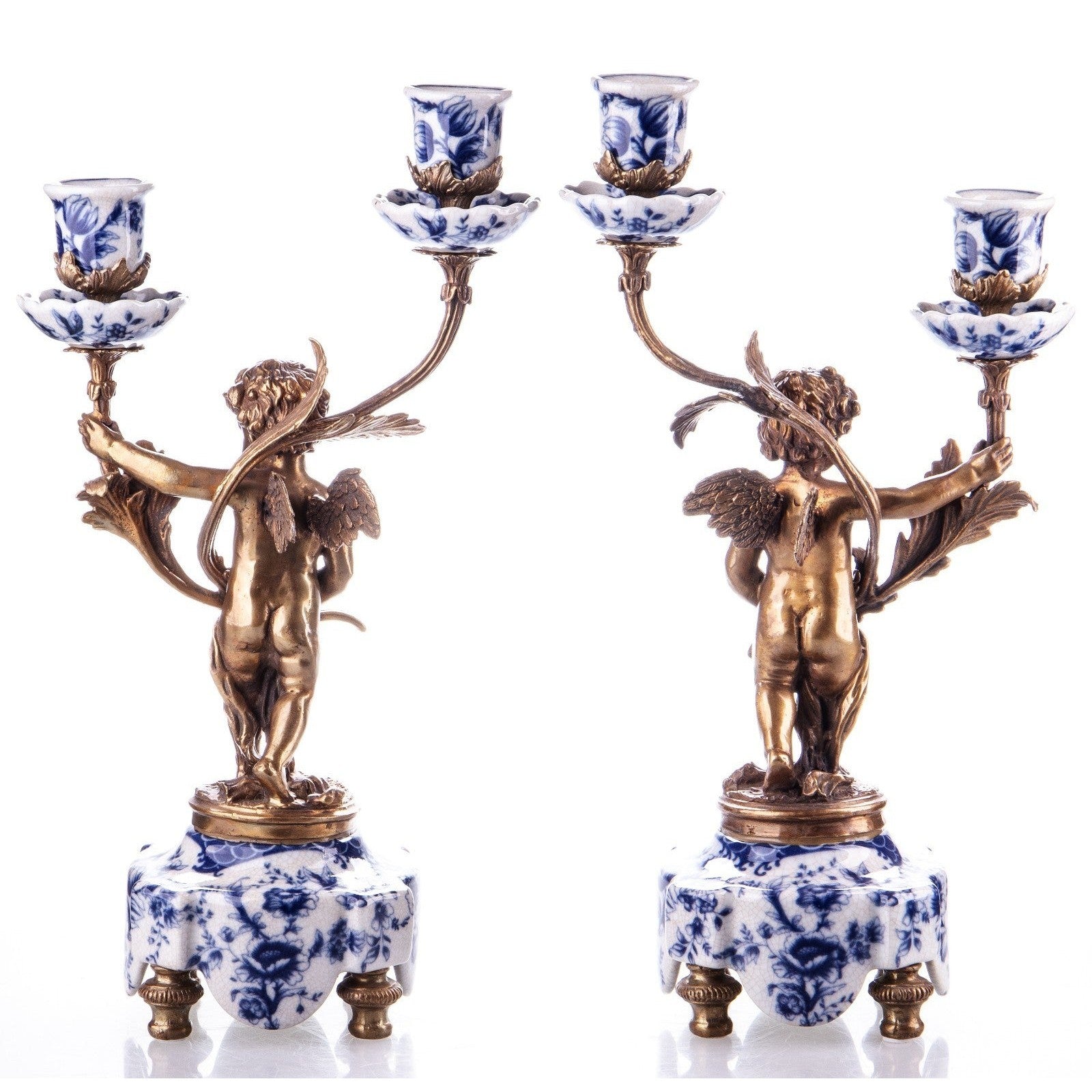 Pair of Vintage Cherub Candelabras with Blue Floral Porcelain and
