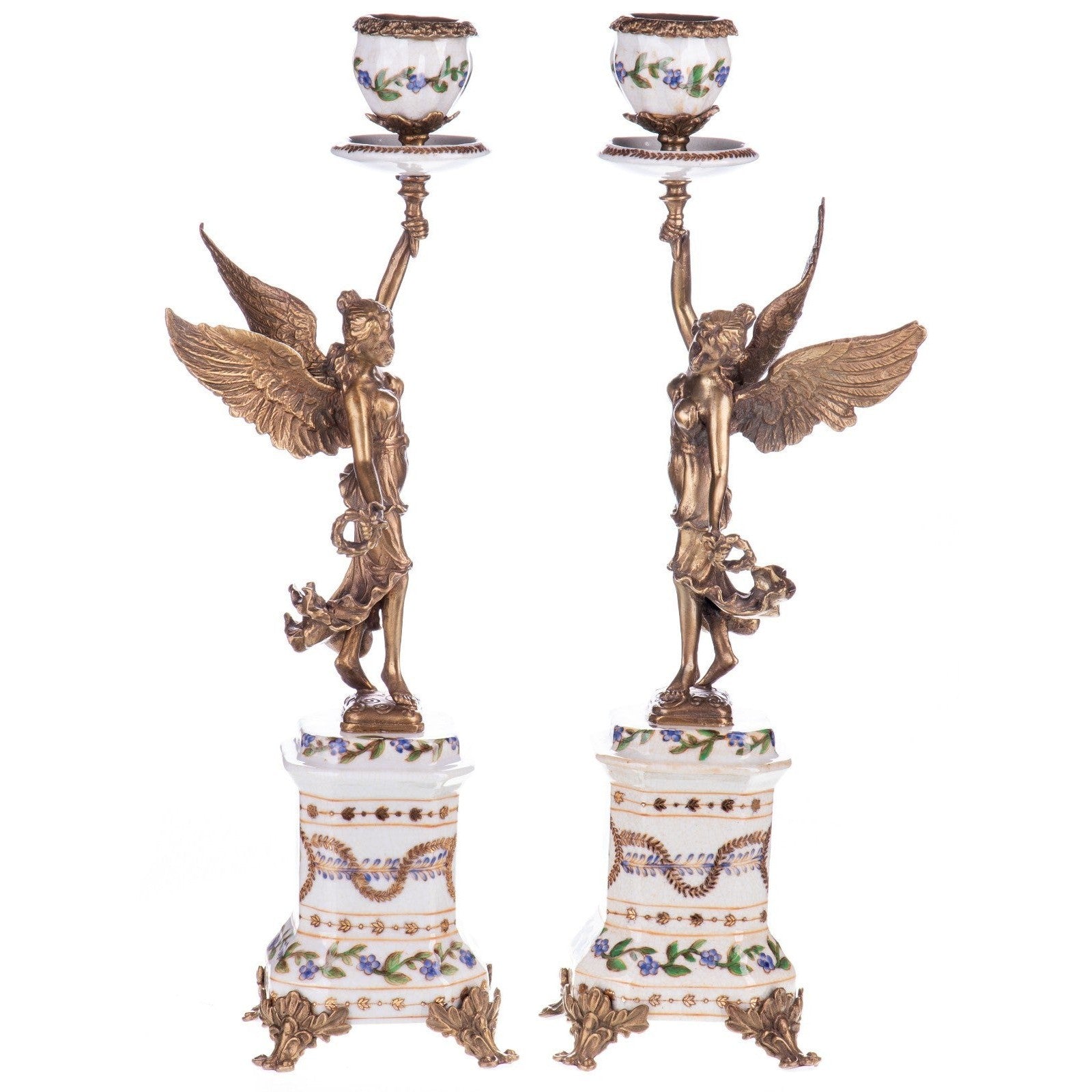 Pair of Winged Bronze Candle Holders on Floral Porcelain Bases