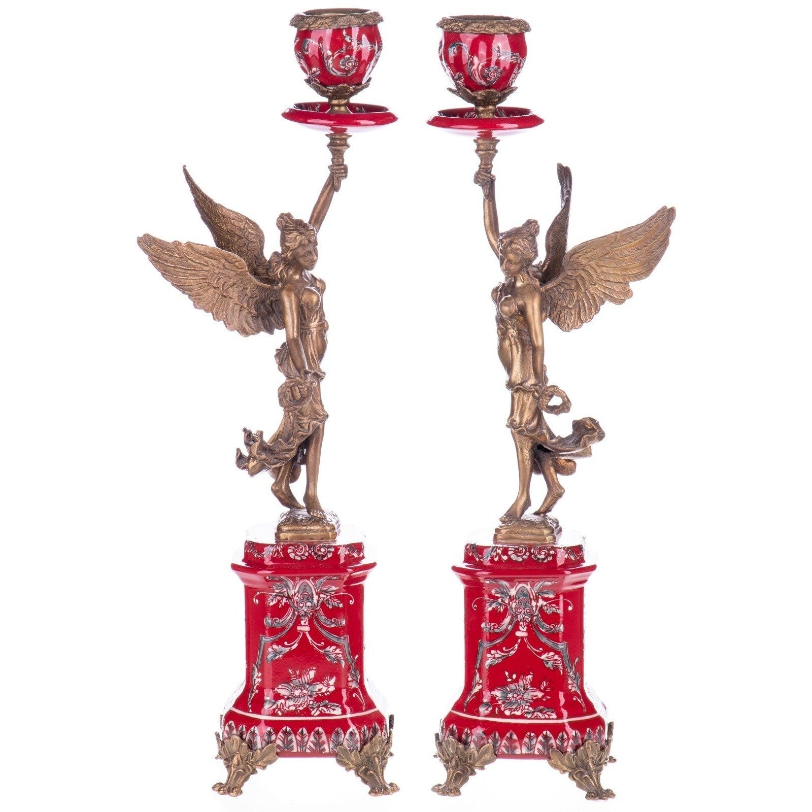 Pair of Winged Bronze Candle Holders on Red Porcelain Bases