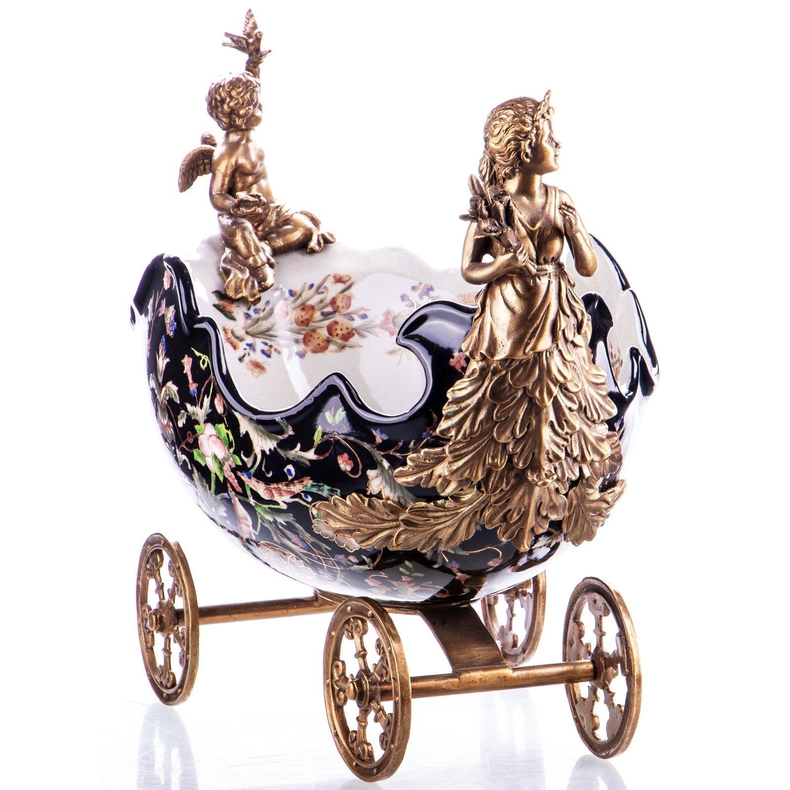 Porcelain Bowl with Bronze Cherub & Maiden Figures on Wheels