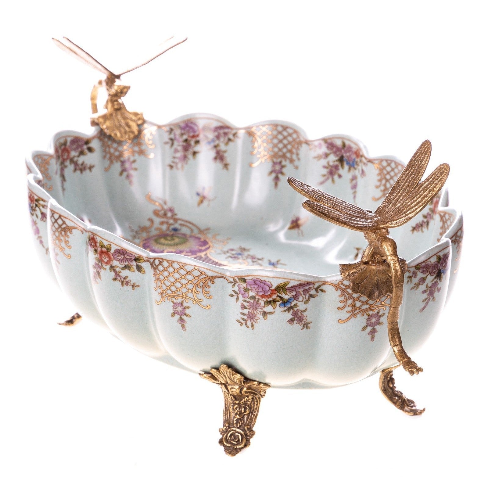 Porcelain Centerpiece Bowl with Gilded Insect Handles and Floral