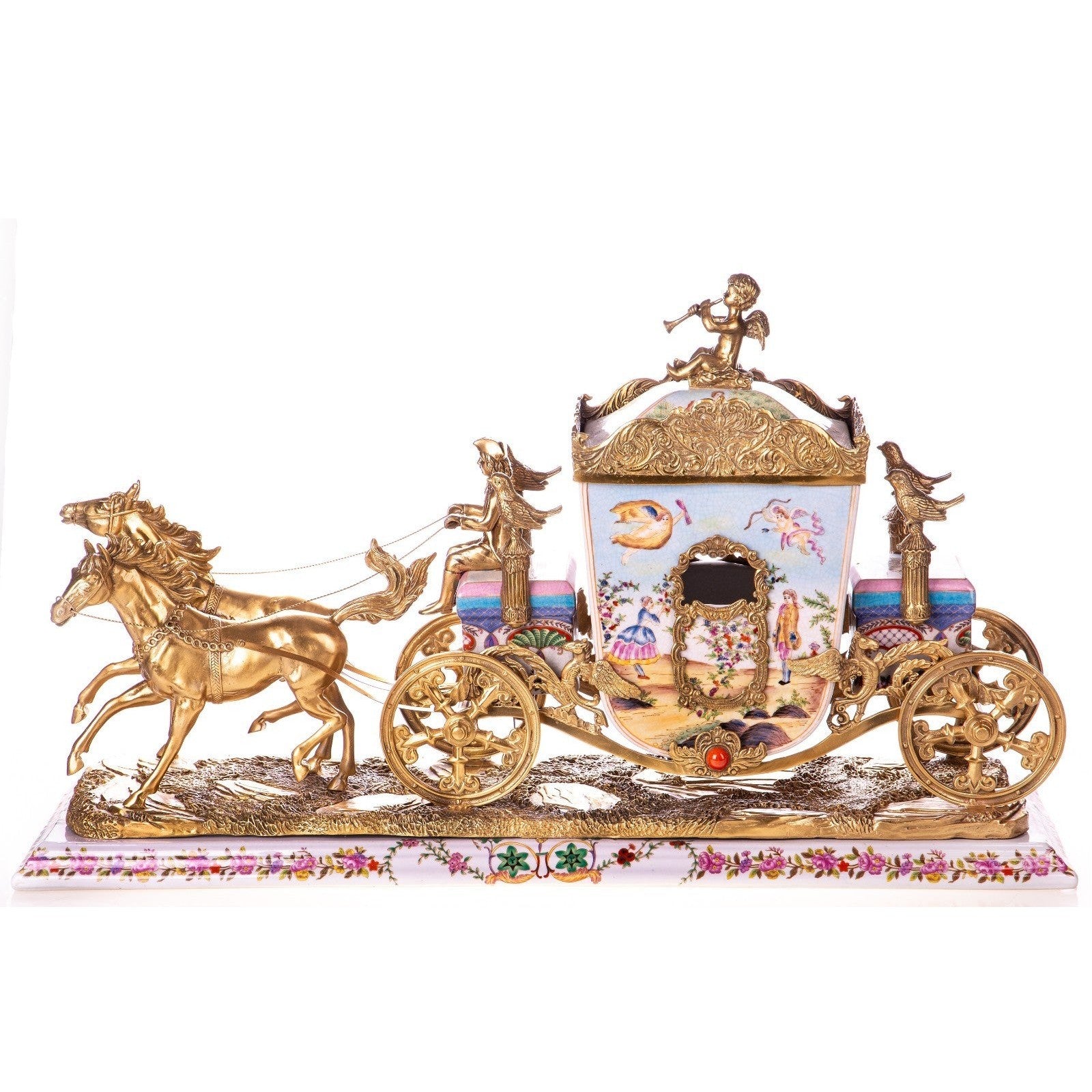 Porcelain & Gilt Bronze Horse-Drawn Carriage Sculpture, Animal Sculptu