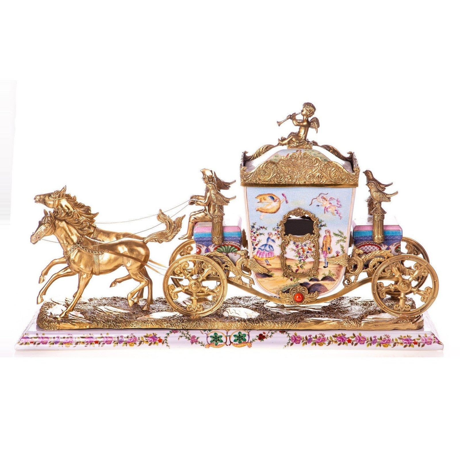 Porcelain & Gilt Bronze Horse-Drawn Carriage Sculpture, Animal Sculptu