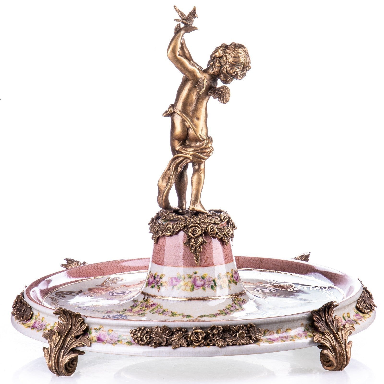 Porcelain and Bronze Centerpiece Dish with Cherub and Bird Figure