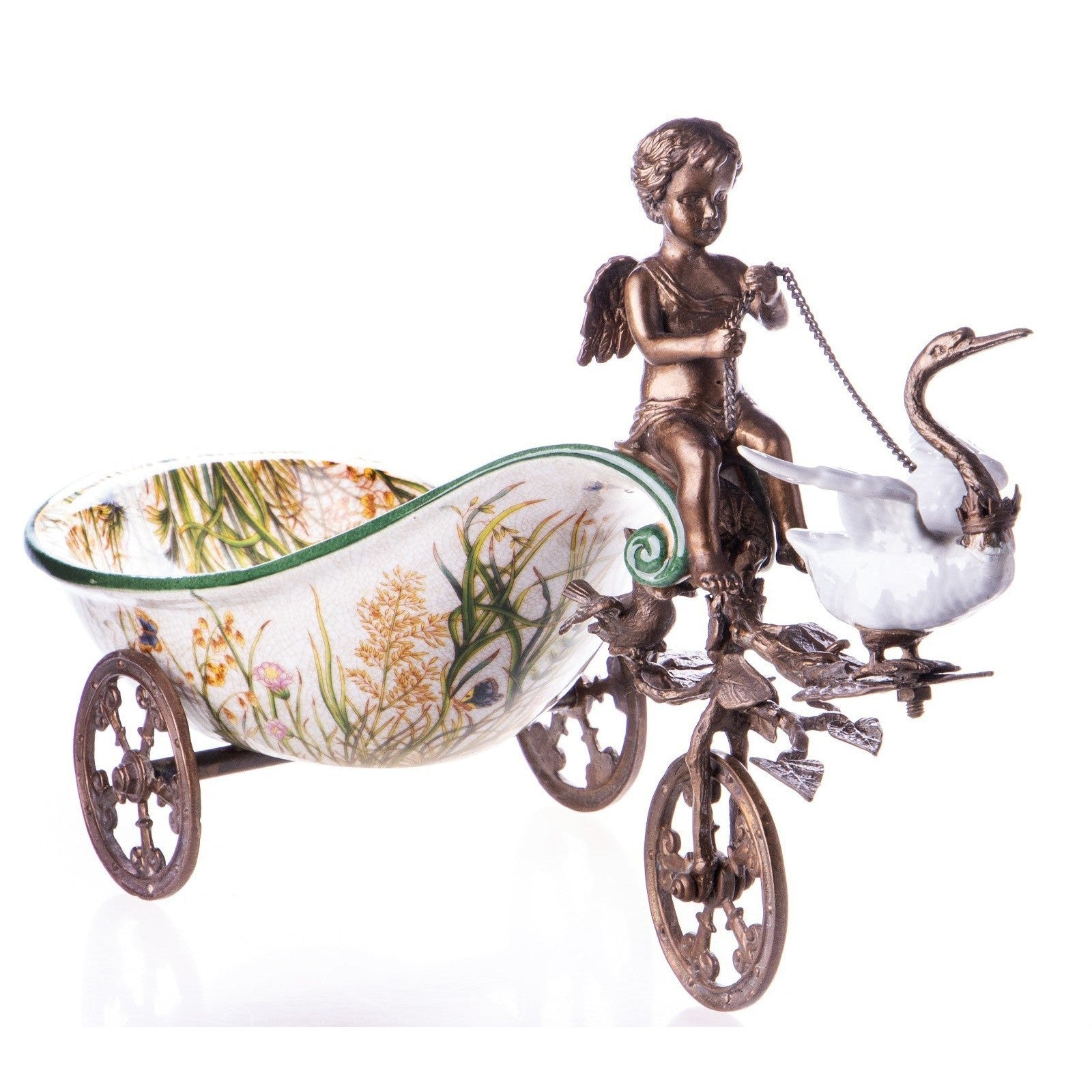 Porcelain and Bronze Decorative Bowl with Cherub and Swan Cart Design
