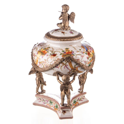 Porcelain and Bronze Lidded Decorative Jar with Cherubs