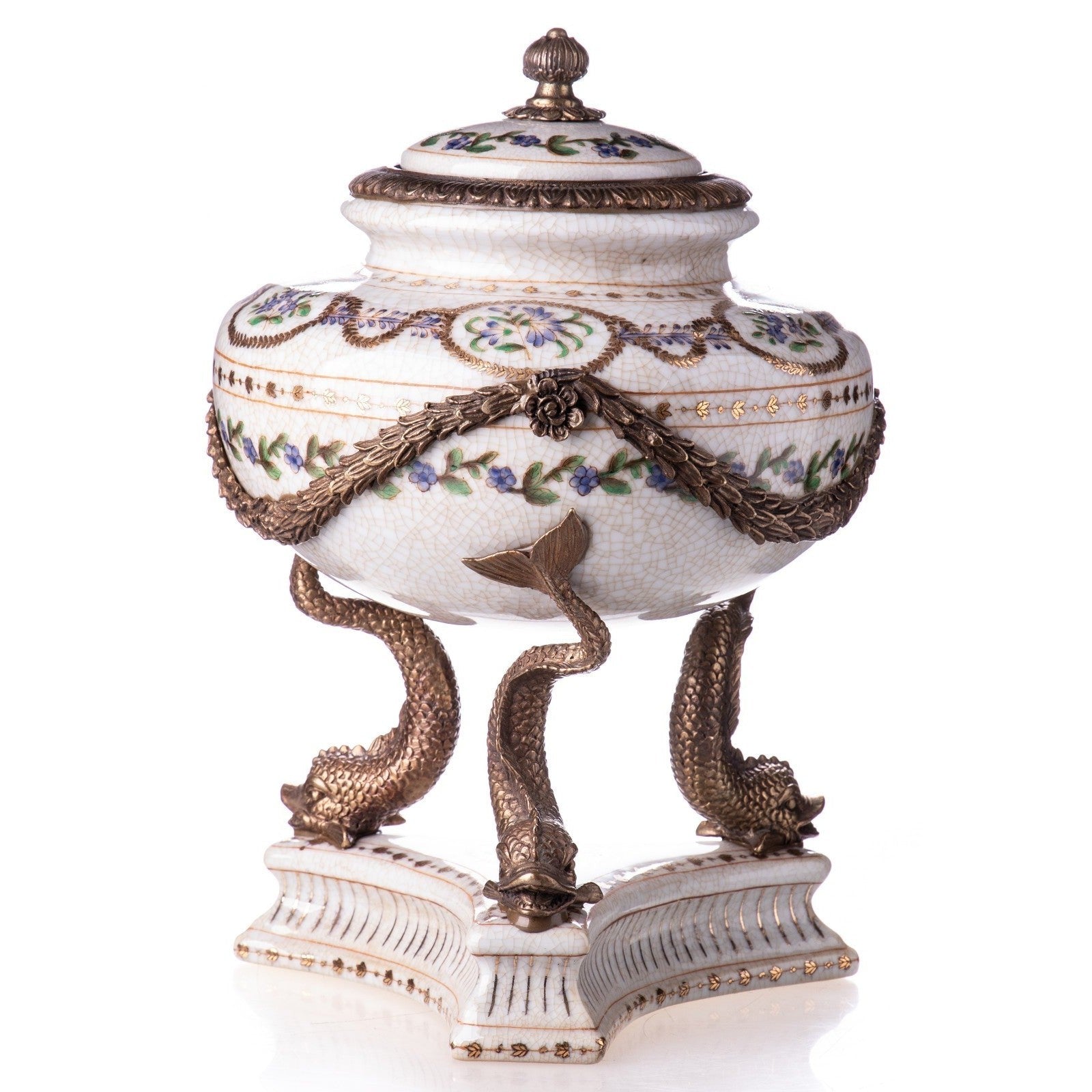 Porcelain and Bronze Lidded Decorative Jar with Dolphin Base