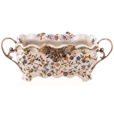 Rectangular Floral Porcelain Planter with Bronze Handles and Trim