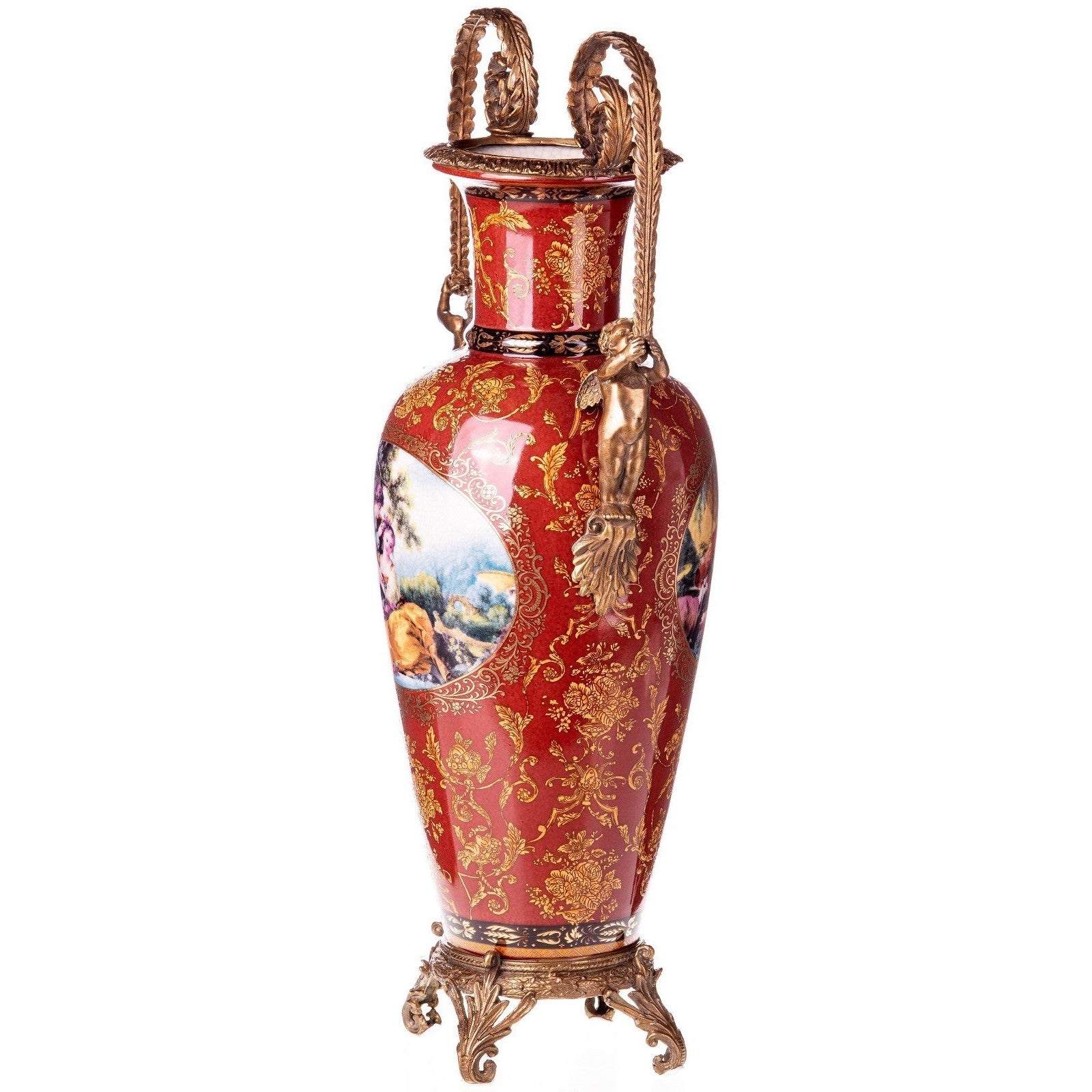 Rococo Red Ceramic Vase with Bronze Cherub Handles | Vases & Bowls