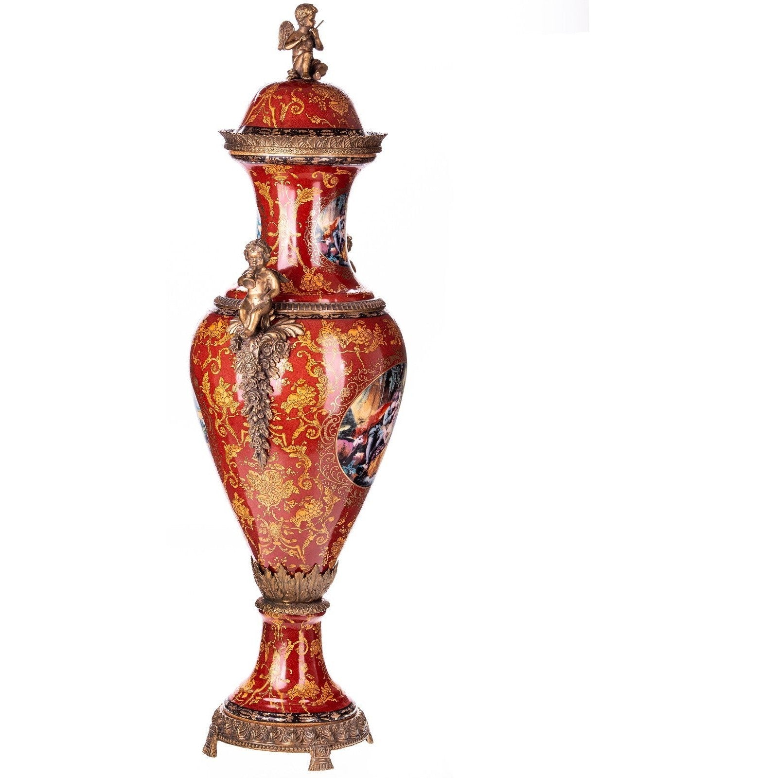 Rococo-Style Covered Vase with Cherub Finial and Romantic Scene
