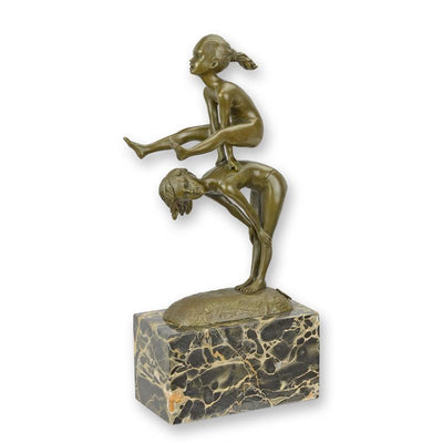 Two Children Playing Leap-frog Bronze Sculpture