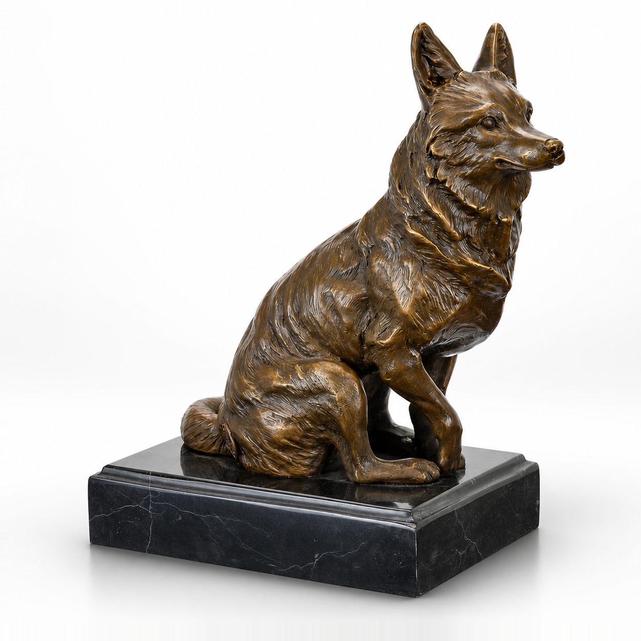 Bronze Sculpture of a Sitting Fox on Marble Base | Animal Sculptures