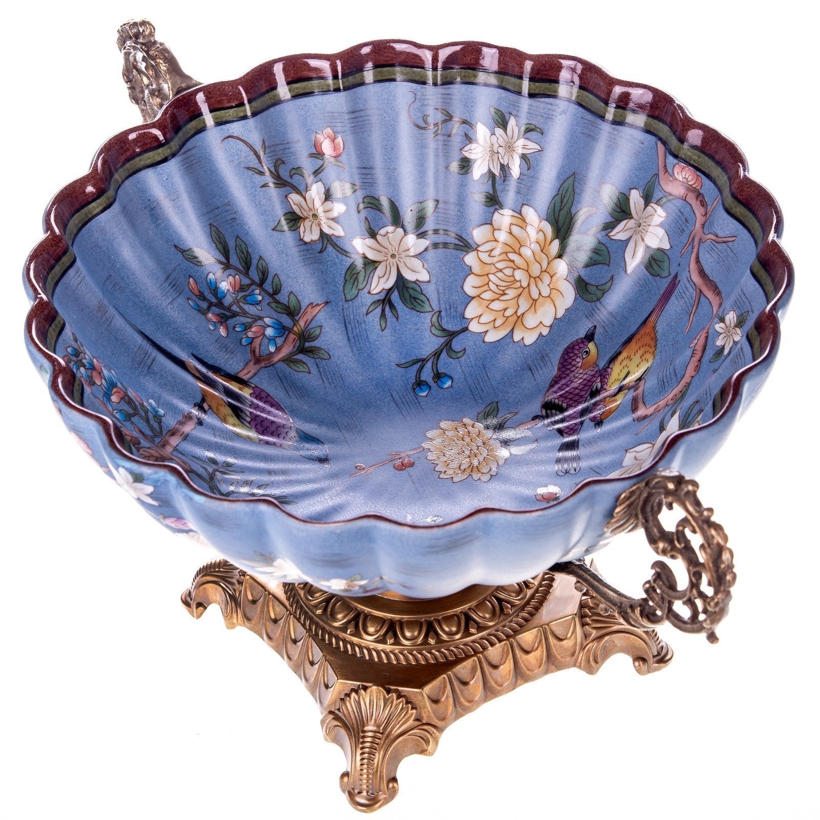 Style Blue Floral Bowl with Bronze Handles and Pedestal Base