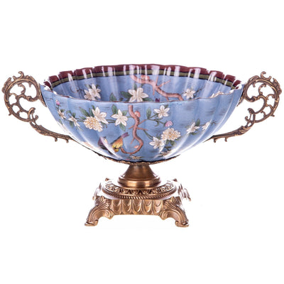 Style Blue Floral Bowl with Bronze Handles and Pedestal Base