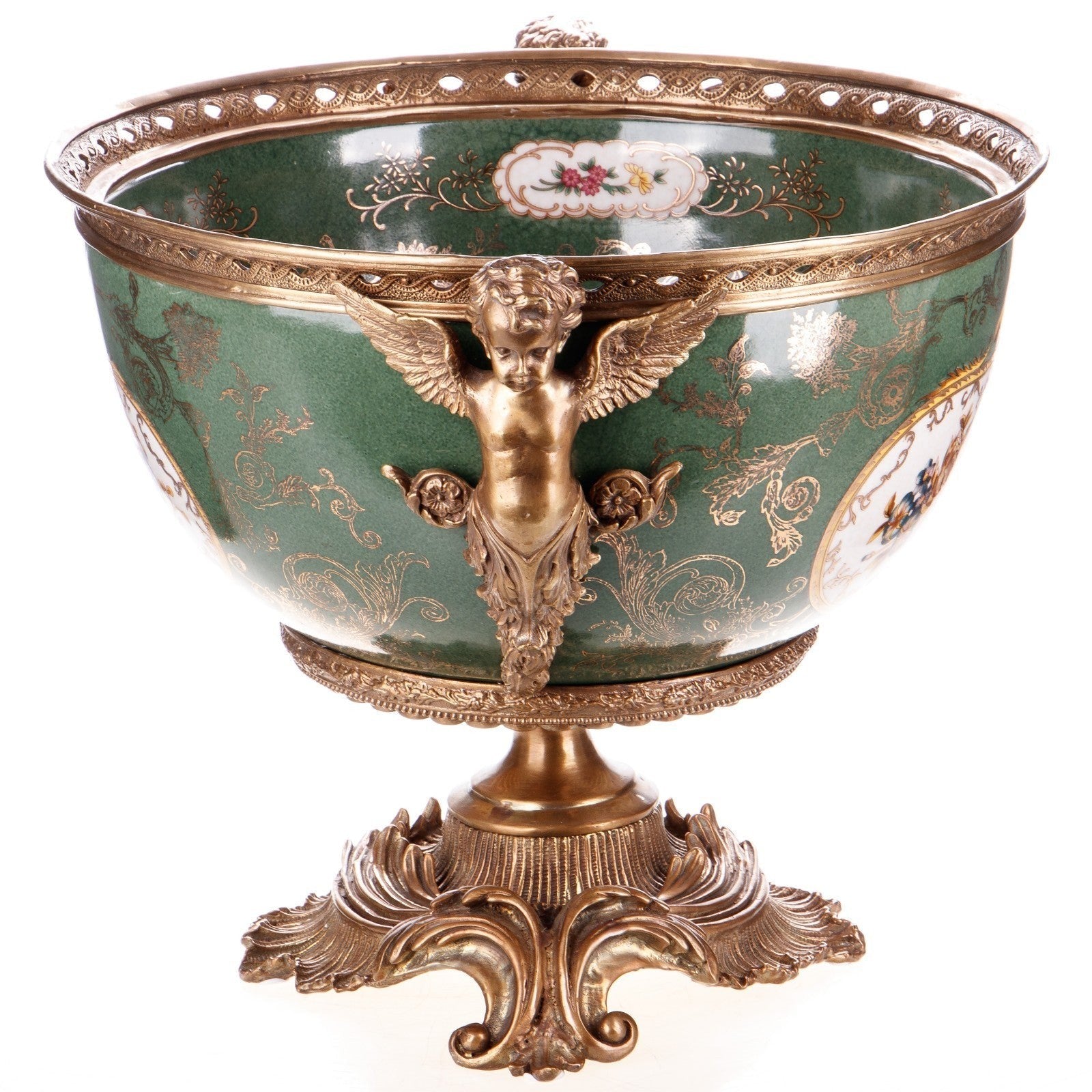 Style Porcelain Centerpiece Bowl with Bronze Cherub Handles