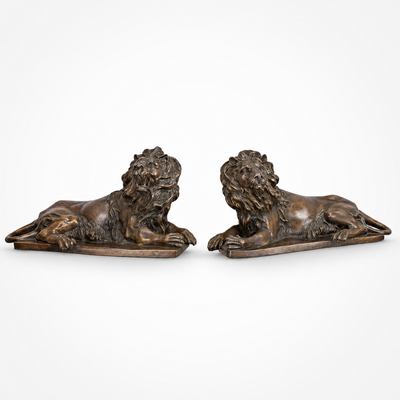 Bronze Pair of Reclining Lions | Handcrafted Bronze Decor