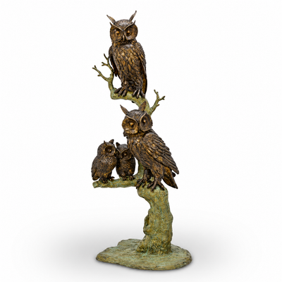Two Owls with Owlets in Tree | Handcrafted Bronze Decor