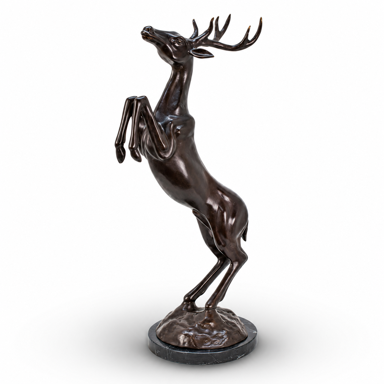 Bronze Sculpture of a Jumping Deer on a Marble Base. animal Decor