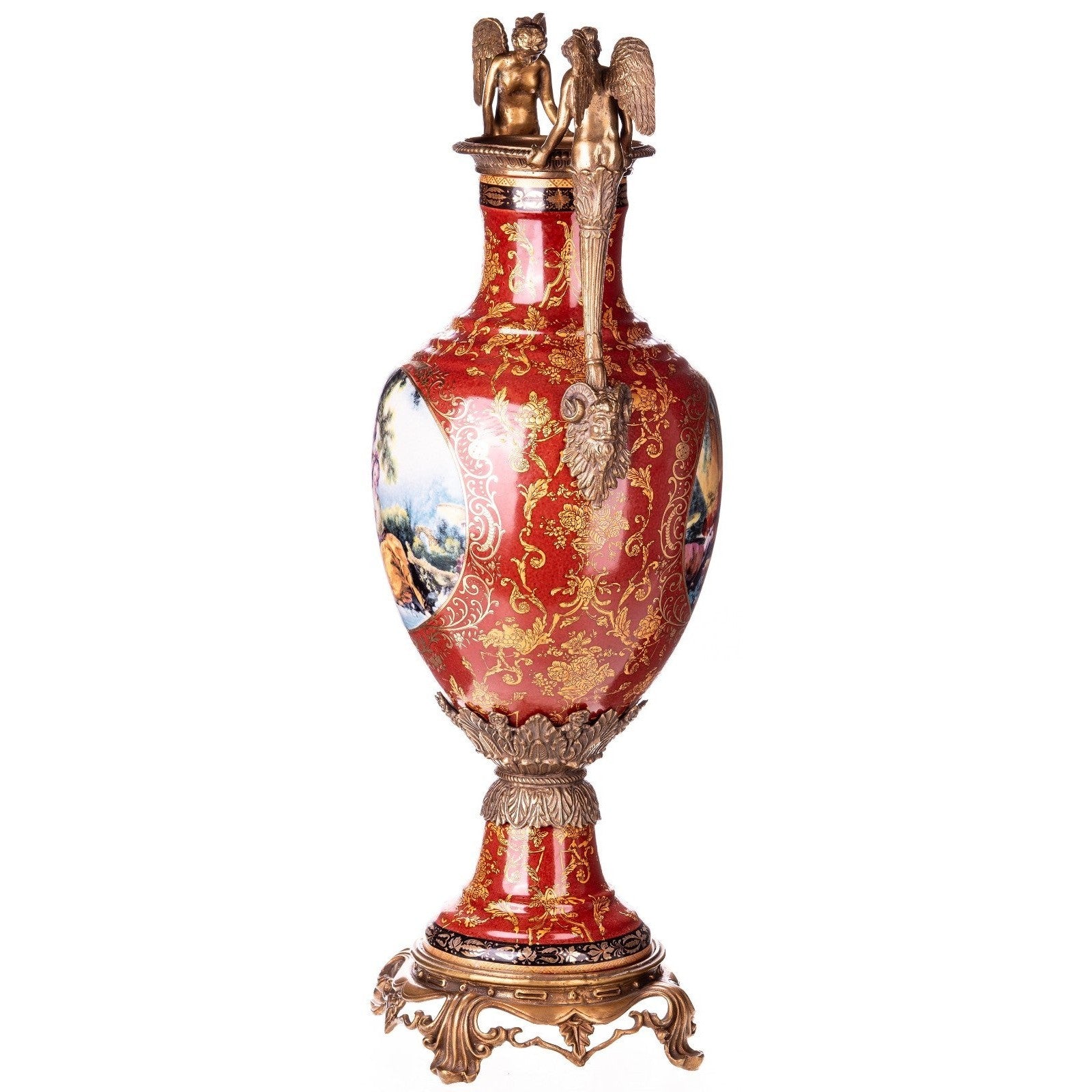 Tall Rococo Red Porcelain Vase with Bronze Angel Handles
