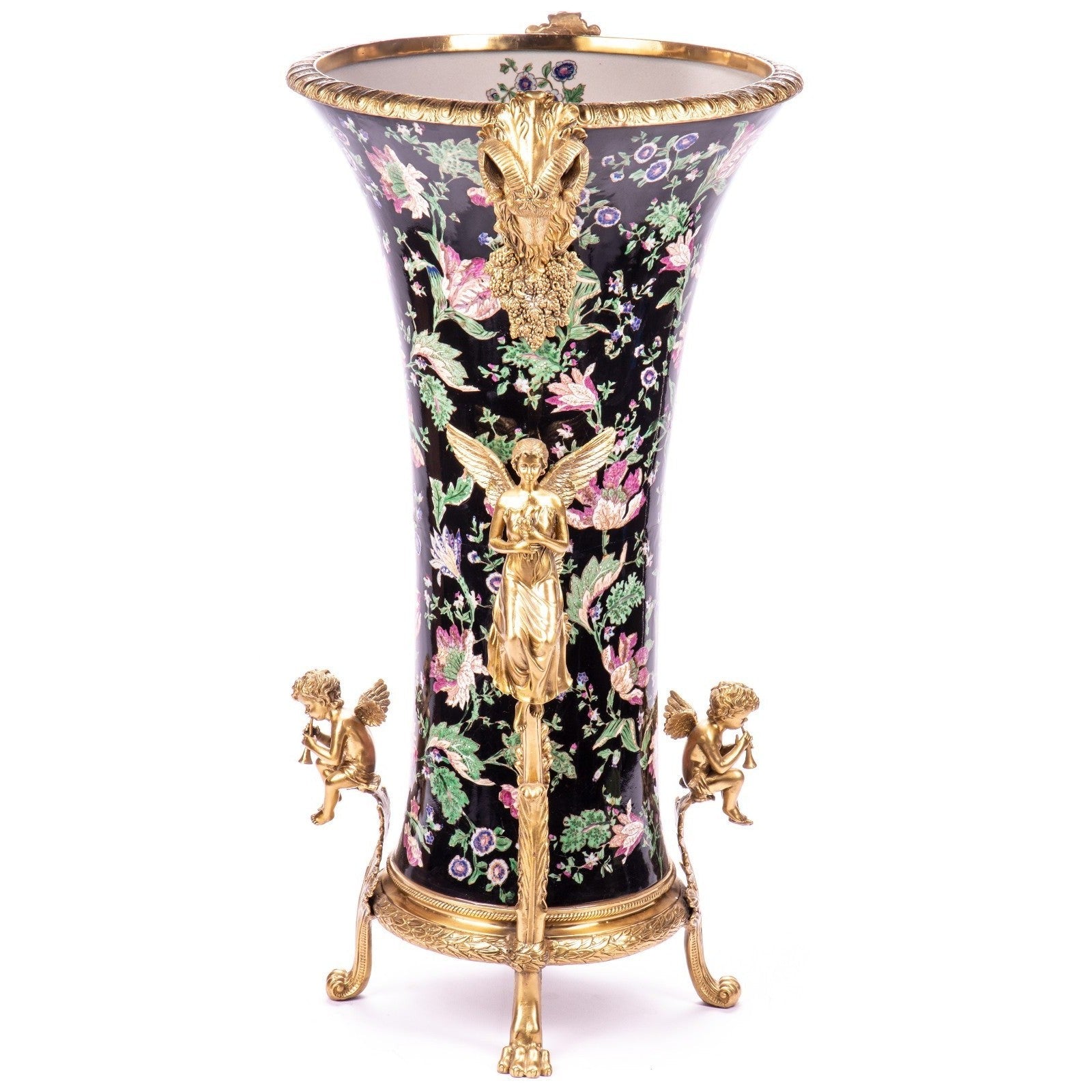 Tall Tapered Porcelain Vase with Floral Design and Gilt Cherub Base
