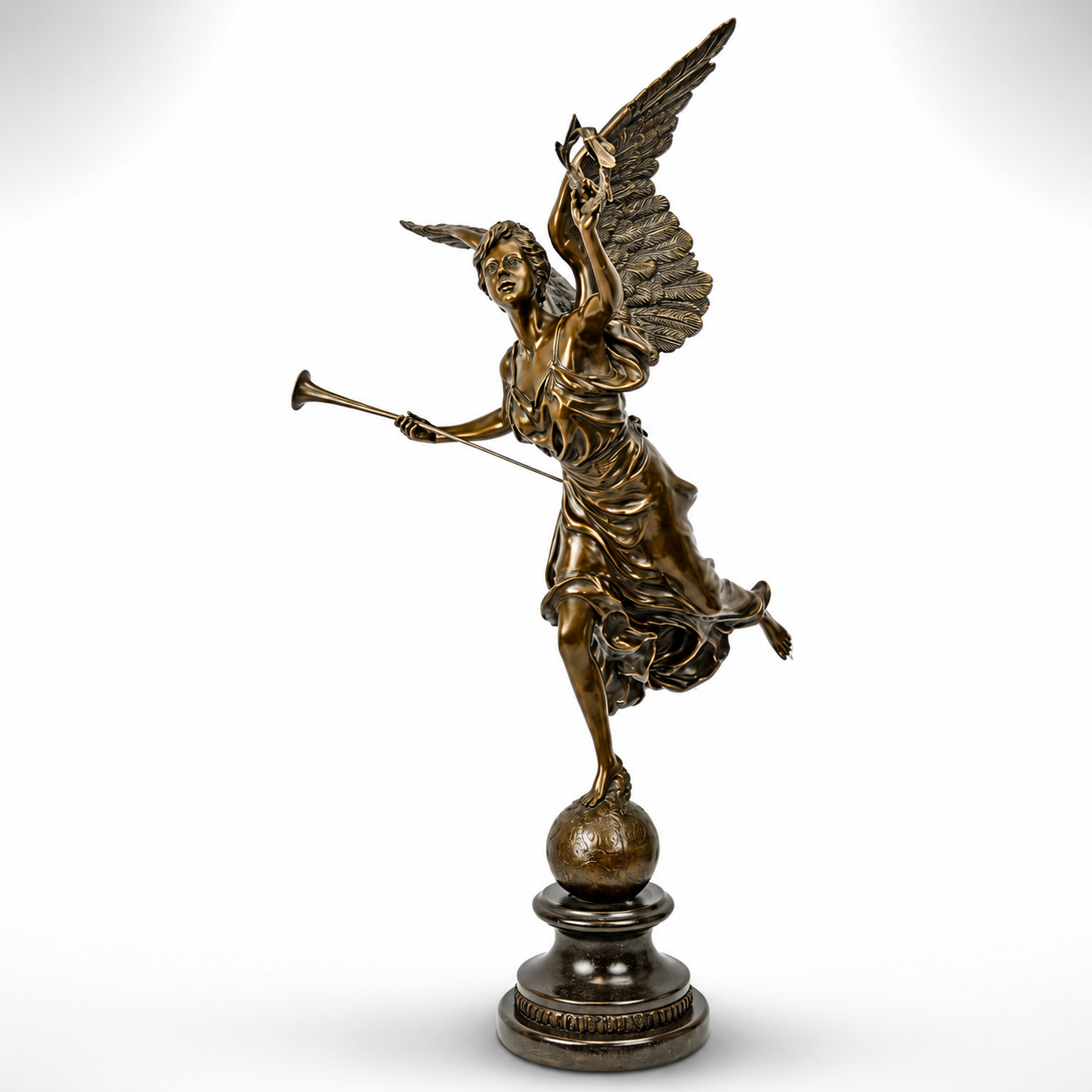 Bronze Sculpture of Winged Victory Holding Trumpet and Wreath