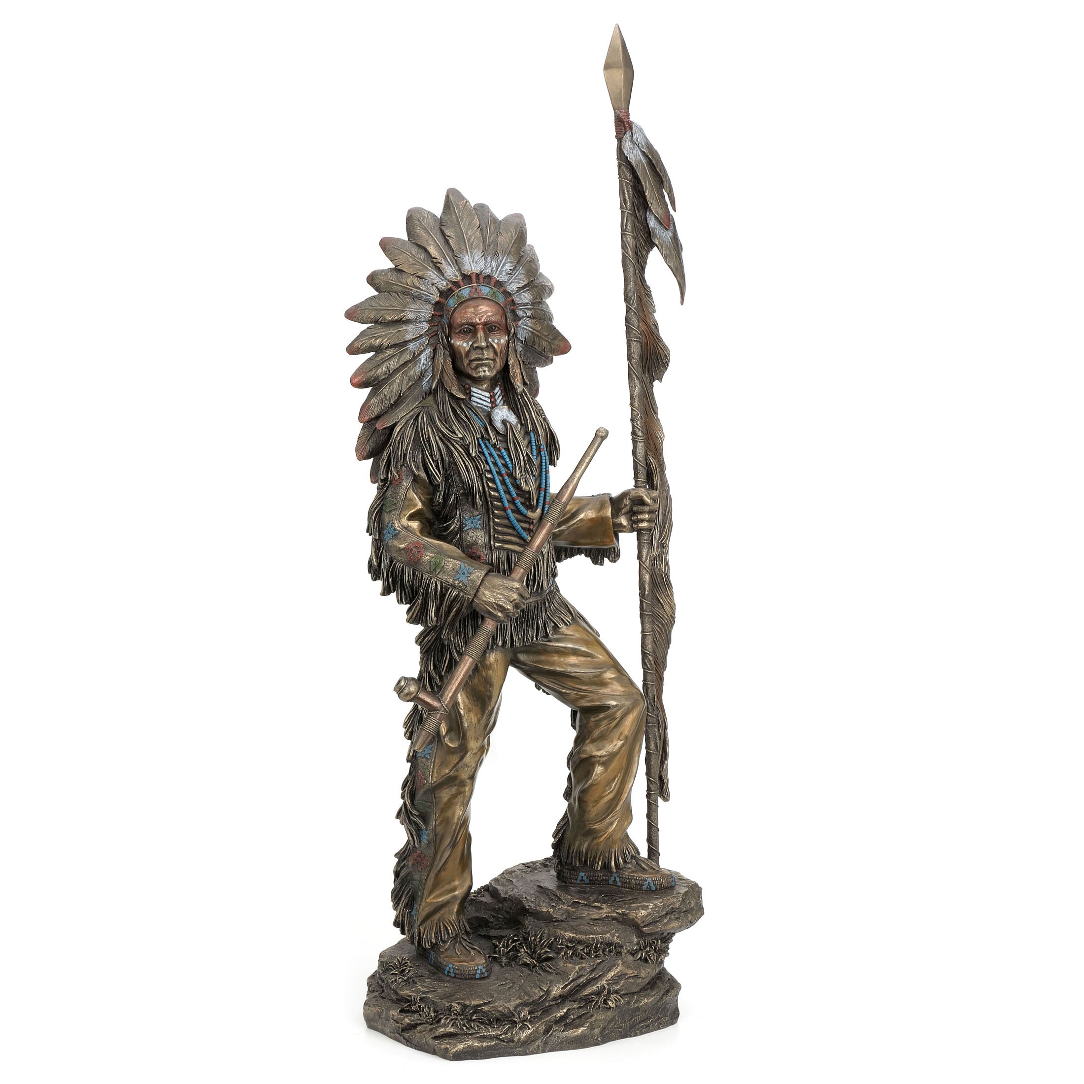 Indian Chief Holding Feathered Spear And Peace Pipe