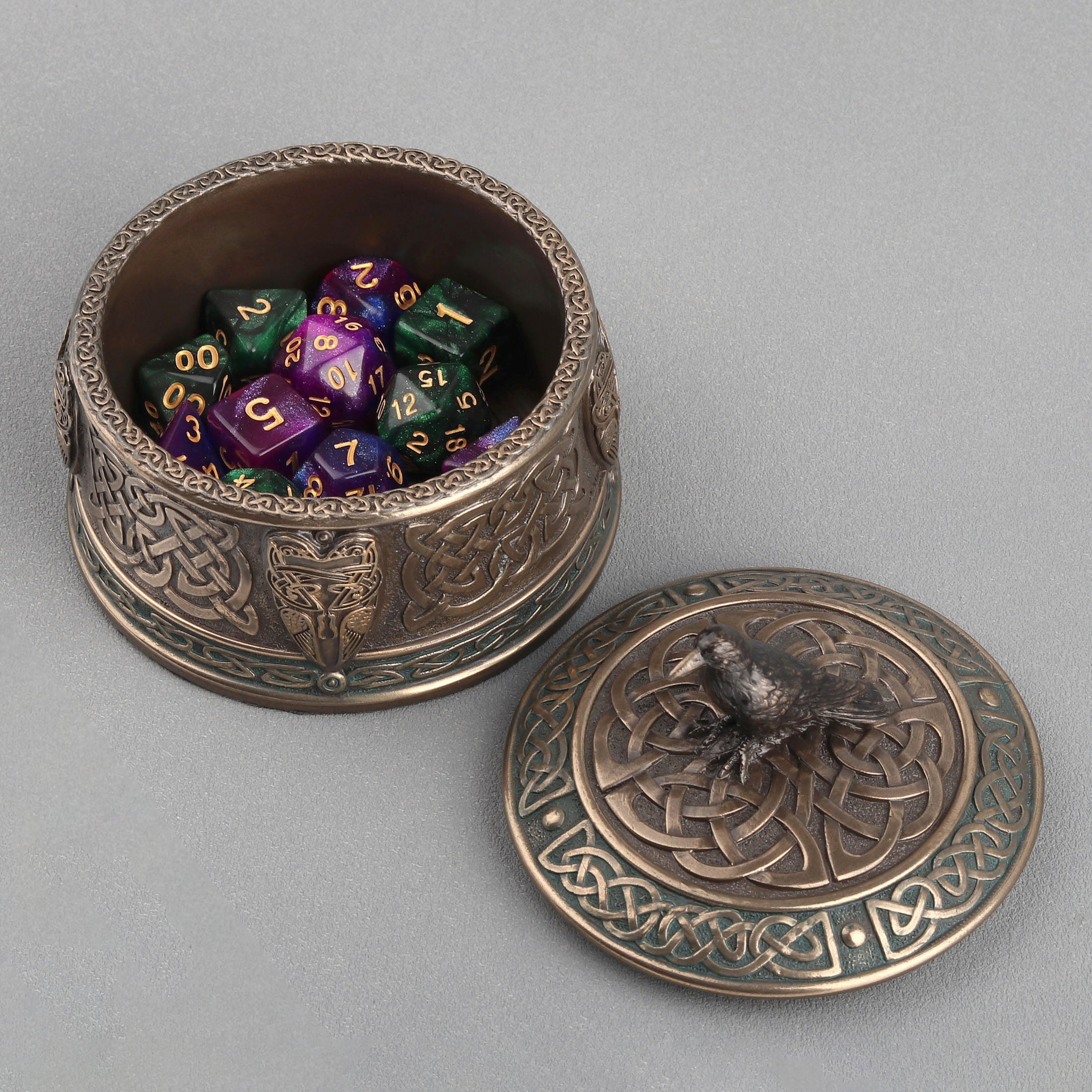Celtic Pattern Round Trinket Box With Raven Lid