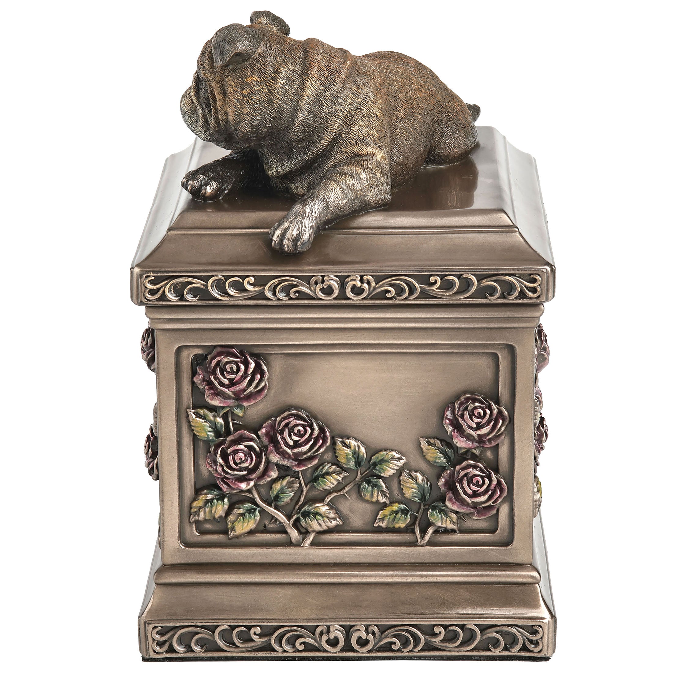 Lying English Bulldog Pet Memorial Rectangular Urn Rose Relief (1200 ml)